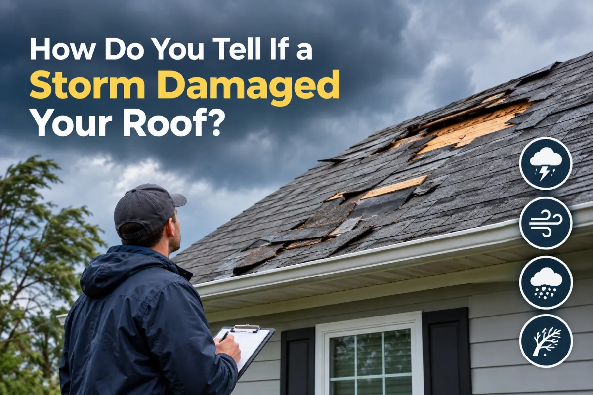 Storm-damaged roof with missing shingles being inspected after severe weather