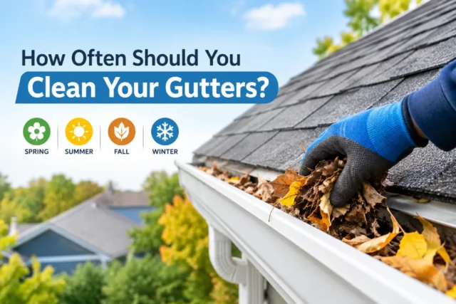 Home gutter filled with leaves being cleaned by hand