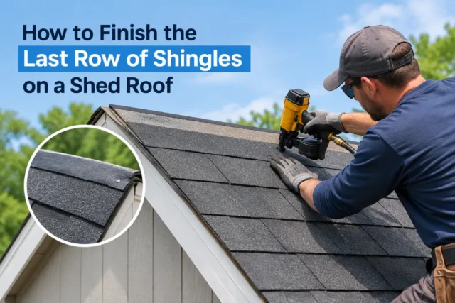 Worker installing the last row of asphalt shingles on a shed roof