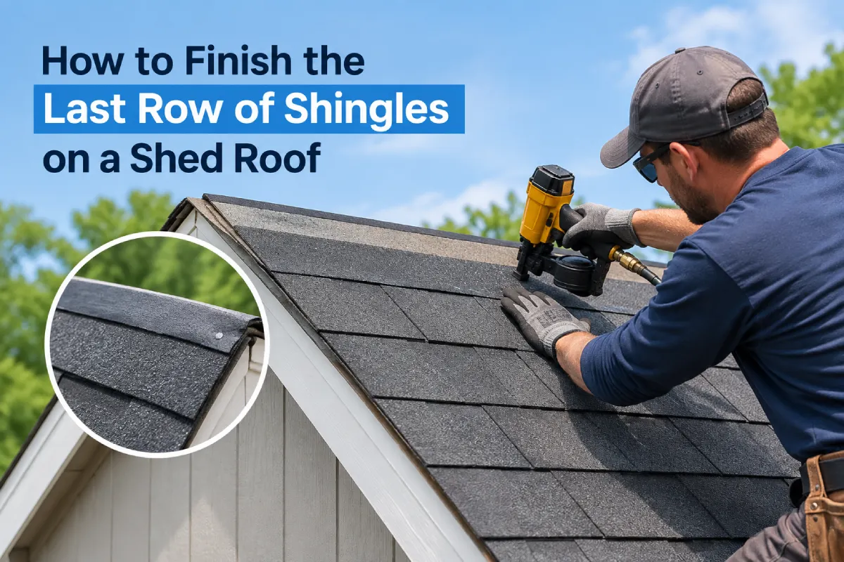 Worker installing the last row of asphalt shingles on a shed roof