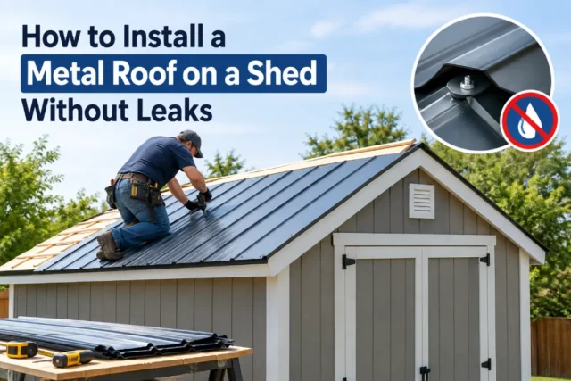 Worker installing metal roofing panels on a shed roof