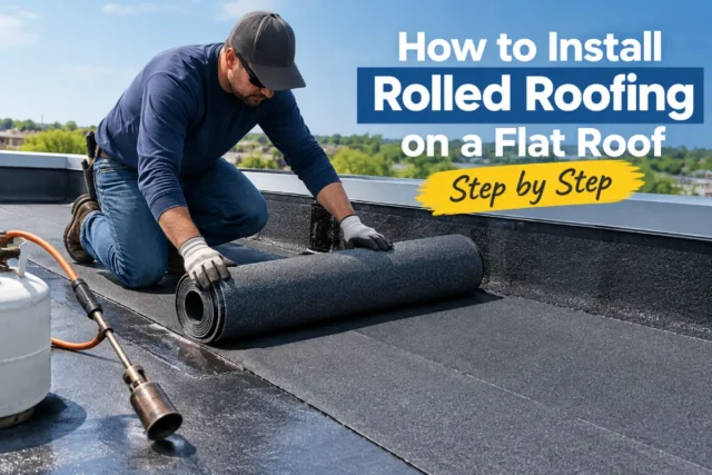 Roofer installing rolled roofing membrane on a flat roof