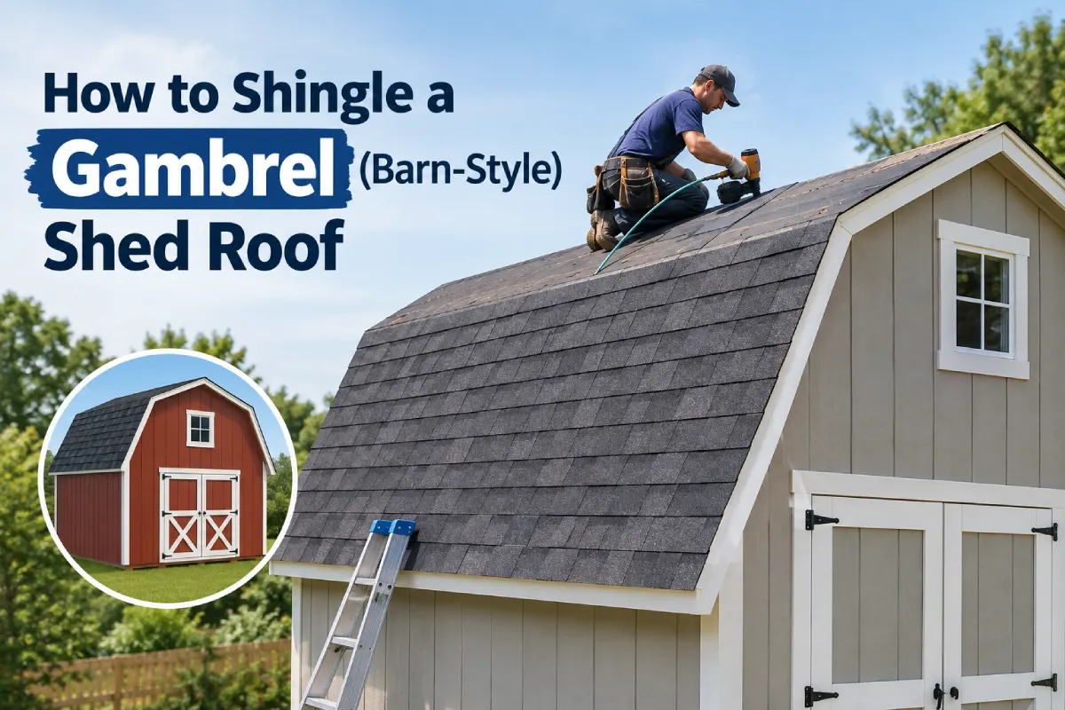 Worker installing asphalt shingles on a gambrel-style shed roof