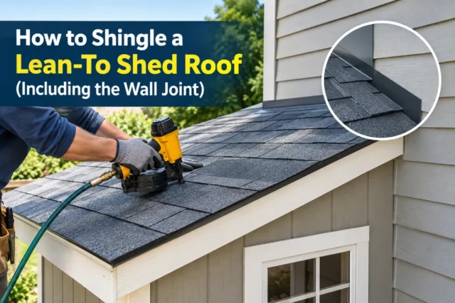 Worker installing asphalt shingles on a lean-to shed roof beside a wall, with step flashing protecting the roof-to-wall joint.