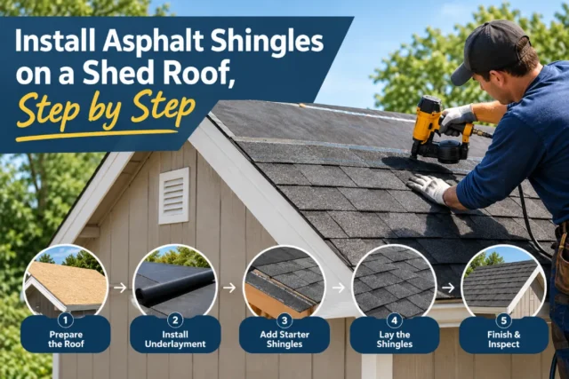 Worker installing asphalt shingles on a shed roof with step-by-step installation instructions