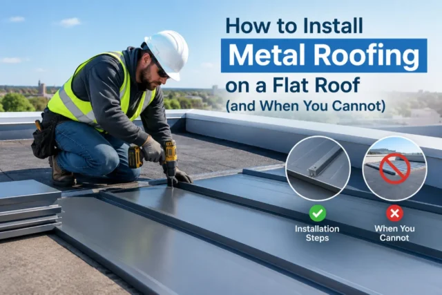 Worker installing metal roofing panels on a flat roof