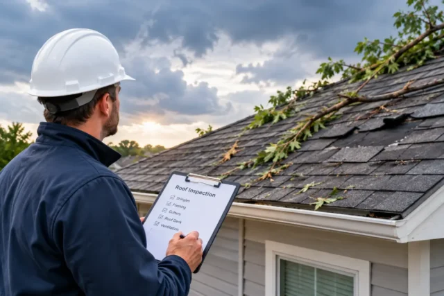 Roofer inspecting a storm-damaged shingle roof with a checklist