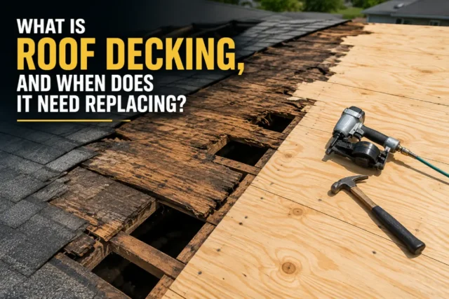 Roof decking replacement showing damaged wood decking beside newly installed plywood panels