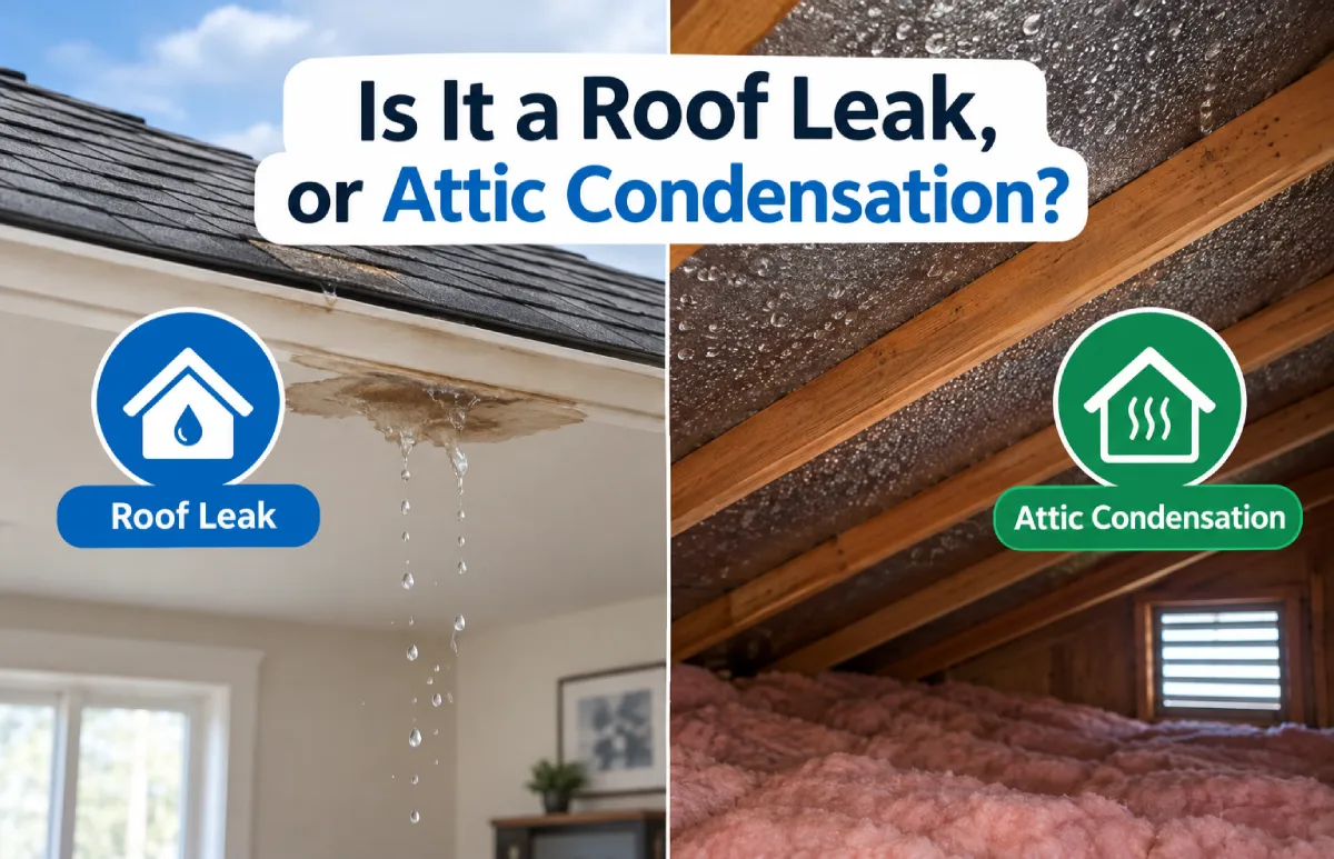 Roof leak vs attic condensation showing water damage and moisture in an attic
