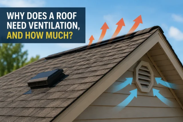 Roof ventilation system showing hot air escaping through a ridge vent and fresh air entering through soffit vents