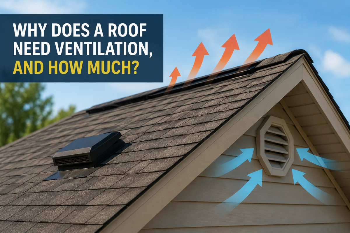 Roof ventilation system showing hot air escaping through a ridge vent and fresh air entering through soffit vents