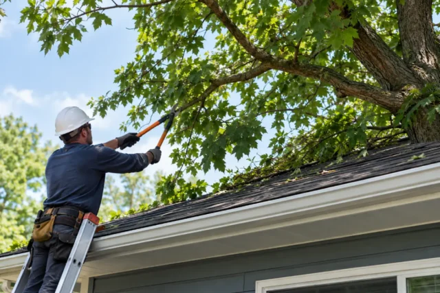 Tree branches hanging over a shingle roof being trimmed