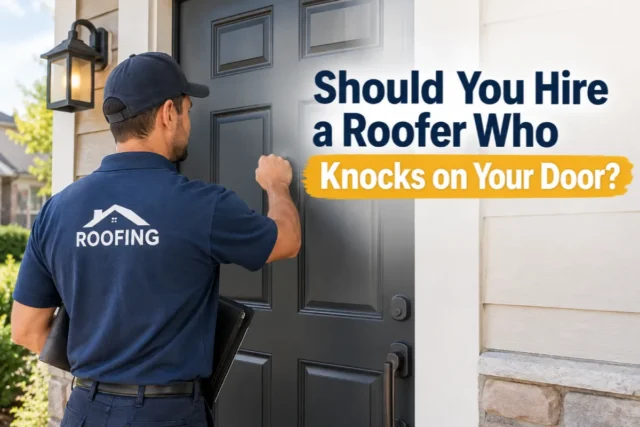 Professional roofer knocking on a homeowner’s front door
