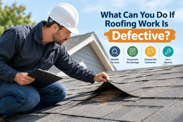 Roofer inspecting defective roofing work with damaged asphalt shingles