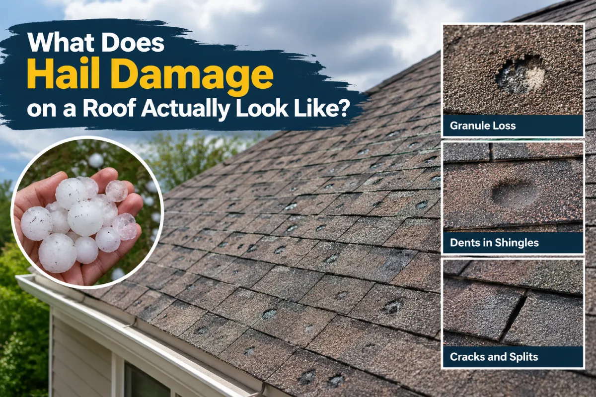 Hail damage on asphalt shingles showing granule loss, dents, cracks, and splits