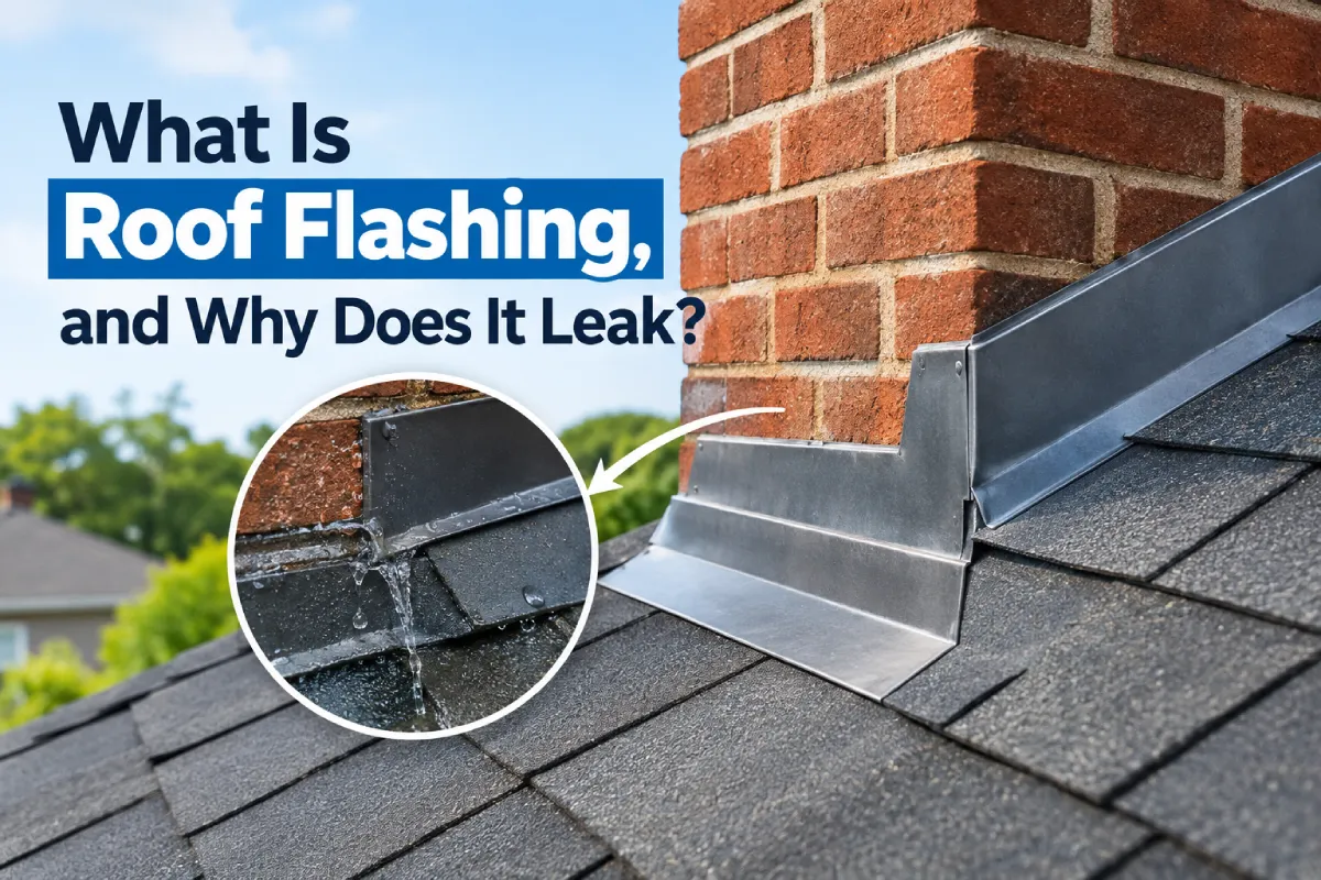 Roof flashing around a chimney showing how leaks can occur at flashing seams