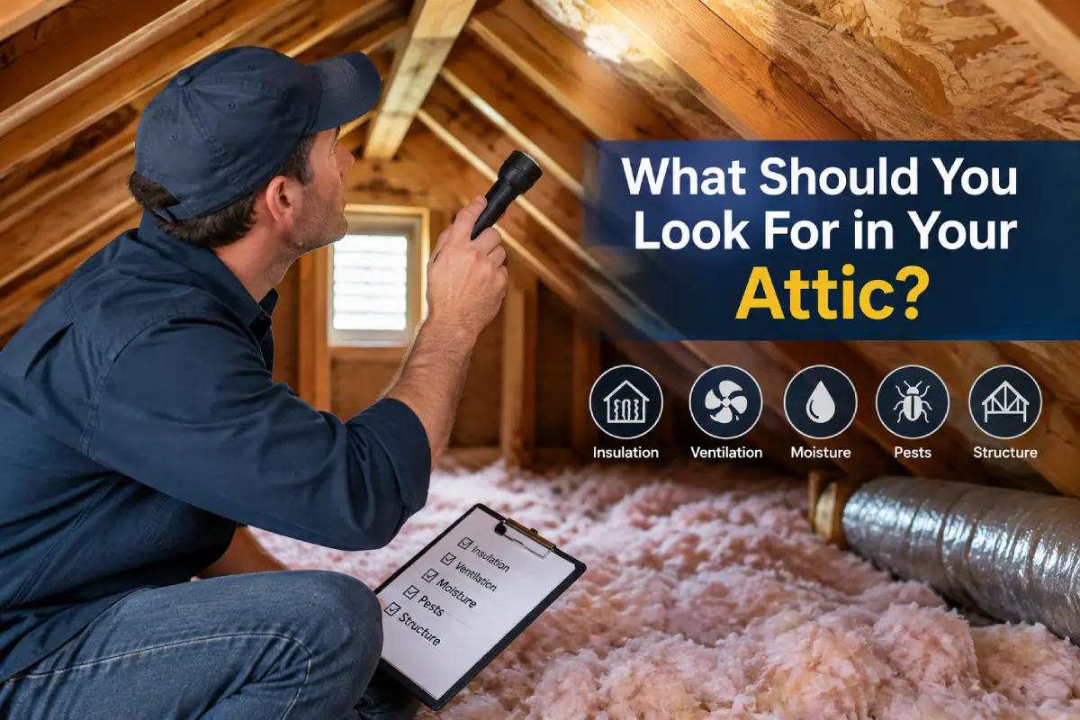 Homeowner inspecting attic insulation, ventilation, moisture, pests, and roof structure
