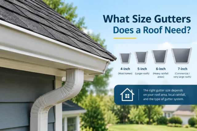 Roof with gutters and downspout showing different gutter sizes for residential roofs