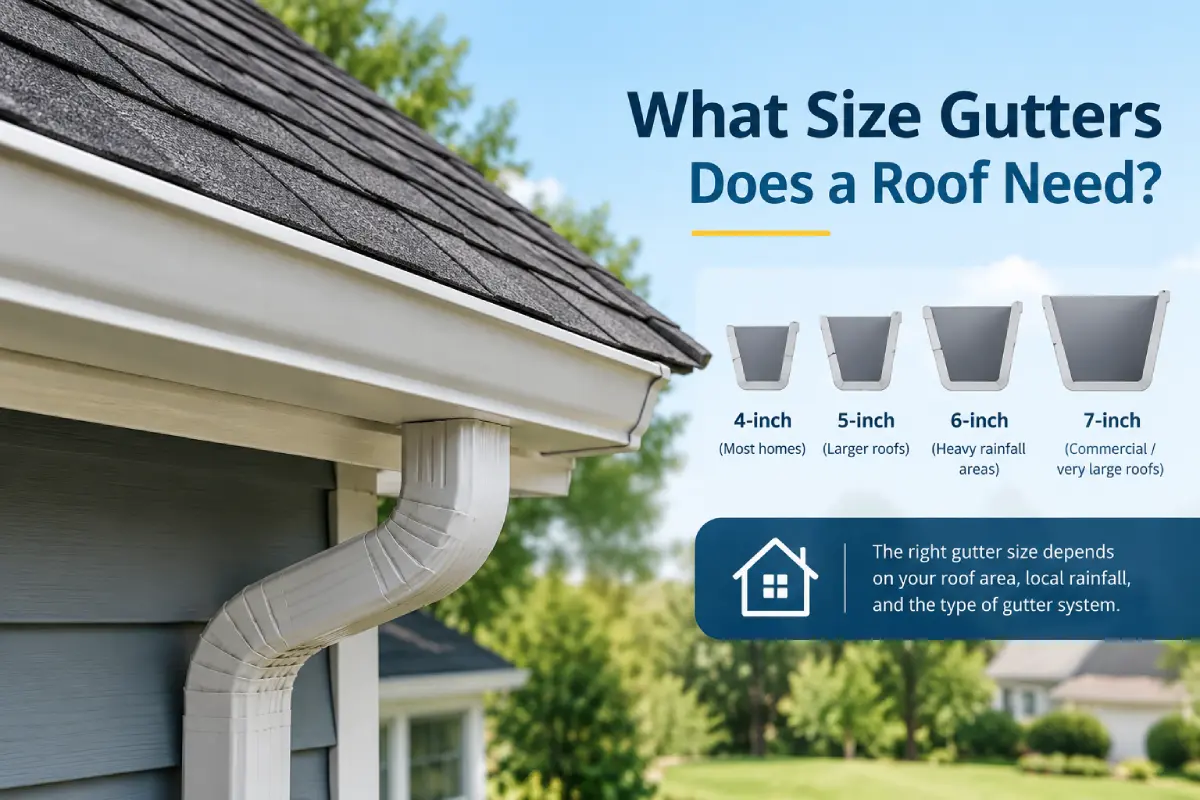 Roof with gutters and downspout showing different gutter sizes for residential roofs
