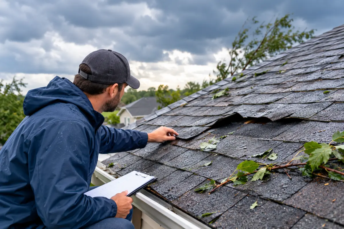 Homeowner inspecting storm-damaged roof shingles for visible damage