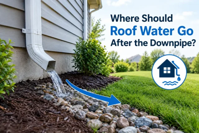 Downspout directing roof water away from a house through a rock-lined drainage area