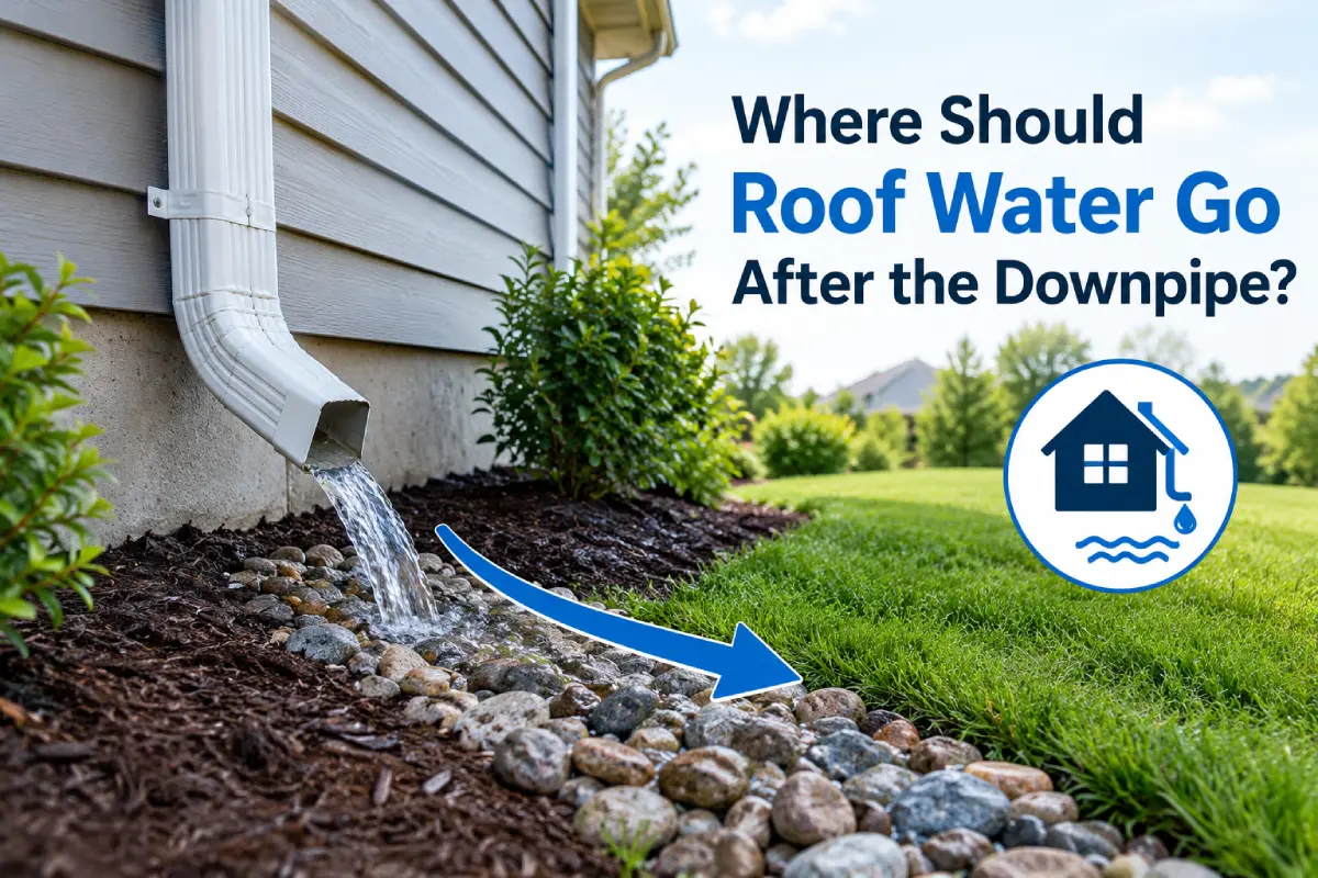 Downspout directing roof water away from a house through a rock-lined drainage area