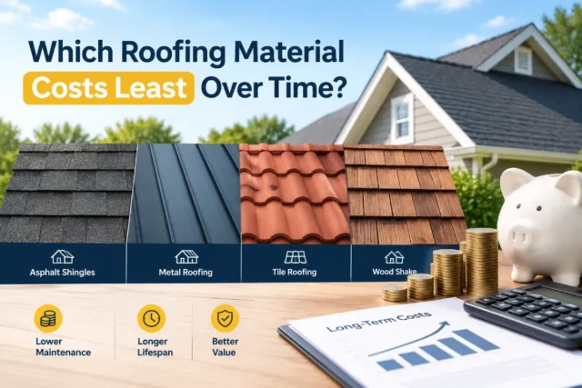 Comparison of asphalt shingles, metal roofing, tile roofing, and wood shake to show which roofing material costs least over time.
