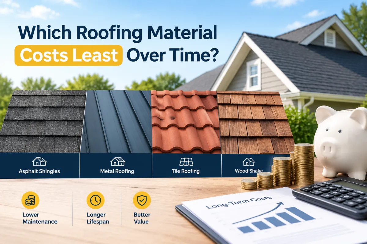 Comparison of asphalt shingles, metal roofing, tile roofing, and wood shake to show which roofing material costs least over time.