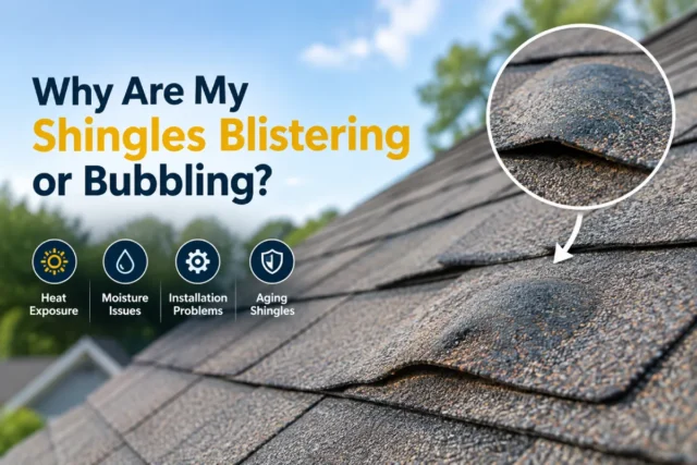 Asphalt roof shingles showing blistering and bubbling caused by heat, moisture, installation issues, or aging